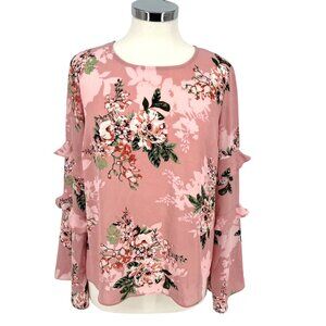 Maison Jules Floral Ruffle Sleeve Casual Blouse Pink Multicolor Size Medium